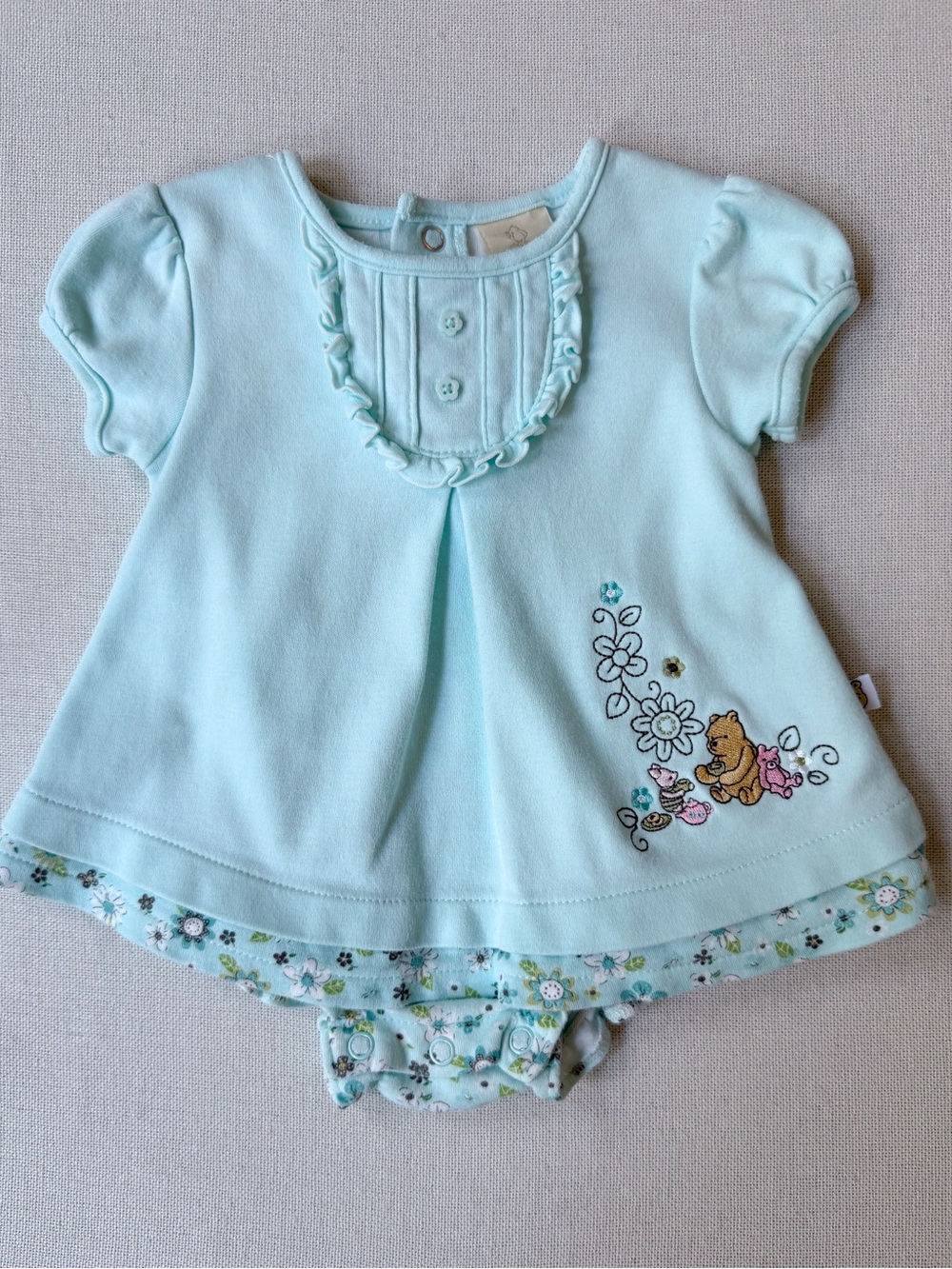 Vintage Y2K Classic Pooh Embroidered Floral Print Puff Sleeve Romper Dress 6-9M